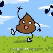 a cartoon of a poop with arms and legs is dancing in the grass .