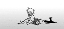 a black and white drawing of a boy sitting on the ground next to a girl laying on the ground .