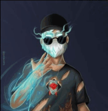 a man wearing a mask and sunglasses is giving the middle finger .