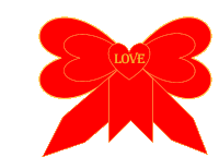 a red bow with a heart and the word love written on it