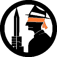 a man in a hat is holding a sword in a black circle