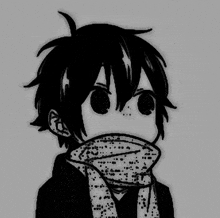 a black and white drawing of a boy wearing a scarf