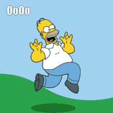 a cartoon of homer simpson jumping in the air with the word 0000 below him