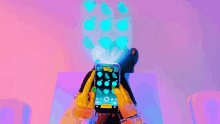 a person is playing a game on a cell phone with diamonds coming out of it 's screen