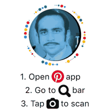 a picture of a man in a circle with the words open app go to q bar tap to scan below it