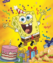 a cartoon of spongebob wearing a party hat and jumping in the air