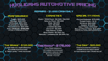 an advertisement for hooligans automotive pricing shows a variety of items