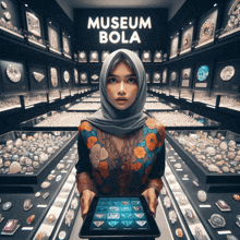 a woman in a hijab is holding a tablet in front of a sign that says museum bola