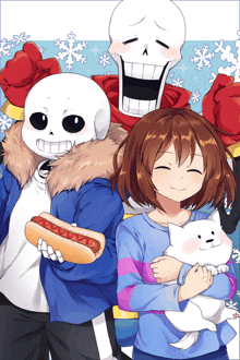 a girl holding a dog and a hot dog next to a skeleton and a skull