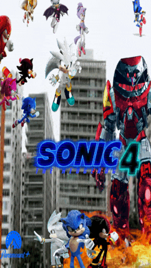 a poster for sonic the hedgehog 4 shows a robot and a bunch of characters