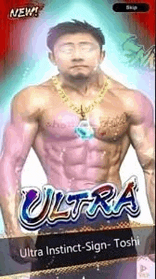 a shirtless man is standing in front of a sign that says `` ultra instinct-sign - toshi '' .