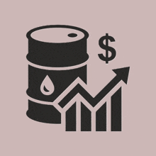 an icon of a barrel of oil with a dollar sign and an arrow pointing up