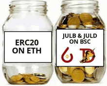 two jars of coins with labels that say erc20 on eth and julb & juld on bsc .