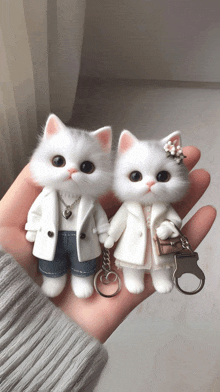 a person is holding a keychain of a man and woman cat