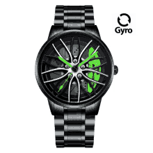 a black watch with a green rim has the word gyro on the bottom