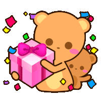 two teddy bears are holding a pink gift box with a pink bow