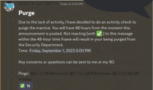 a screenshot of a message from purge that says " due to the lack of activity "