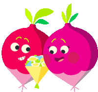 a cartoon illustration of two radishes with faces