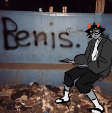 a drawing of a person sitting in front of a wall that has the word penis written on it