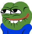 a cartoon frog wearing a blue sweater is smiling and making a funny face .