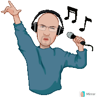 a cartoon of a man singing into a microphone with headphones on