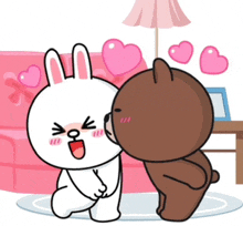 a cartoon of a bunny and a teddy bear kissing each other