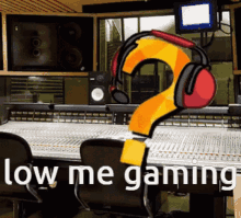 a cartoon question mark with headphones and the words low me gaming