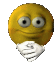 a yellow smiley face is holding a white hand in front of its mouth .