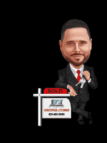 a cartoon of a man in a suit and tie holding keys in front of a sold sign