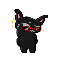 a black cat wearing red sunglasses and a lightning bolt .