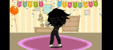 a cartoon character is standing in front of a happy birthday banner