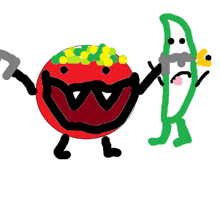 a cartoon drawing of a tomato and a green leaf