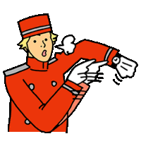 a cartoon drawing of a man in a red uniform looking at his watch