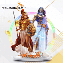 a poster for pragmatic play shows a woman holding a shield and a man holding a spear