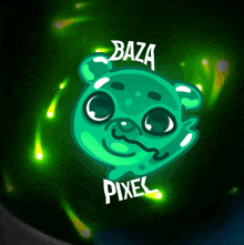 a green cartoon character with the words baza pixel written on it