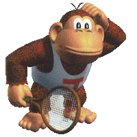 a cartoon monkey is holding a tennis racquet and wearing a shirt with the letter f on it