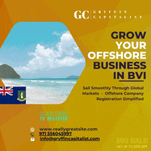 an advertisement for griffin capitalist shows a beach and the words grow your offshore business in bvi