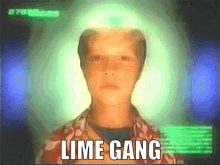 a young boy with lime gang written on the bottom