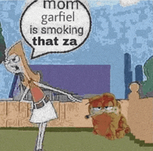 a cartoon of perry the platypus and garfiel with a speech bubble saying mom garfiel is smoking that za