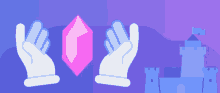 a purple background with two hands holding a pink diamond