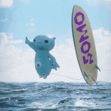 a cartoon character is holding a sonos surfboard in the ocean