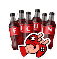 six bottles of fichin coca cola with a hand holding a video game controller