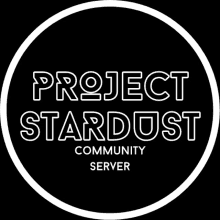 the logo for project stardust community server is a white circle on a black background .