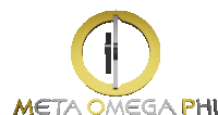 a gold and silver meta omega phi logo