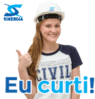 a woman wearing a hard hat and a shirt that says engenharia civil