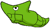 a cartoon drawing of a green worm with a black eye and a long tail on a white background .