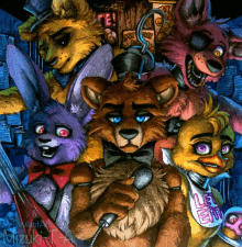 a painting of five nights at freddy 's characters including bonnie and chica