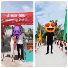 a couple standing in front of a sign that says le khanh thanh