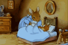 a cartoon of a mouse sitting on a bed with a cup of milk