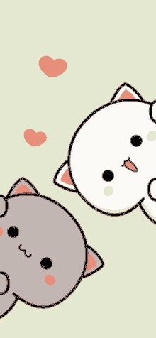 two cartoon cats are standing next to each other with hearts flying around them